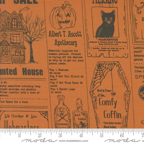 Moda - Home Sweet Haunt - Vintage Newspaper Text and Words - Pumpkin - 20910-14 - Sold by the Half Yard