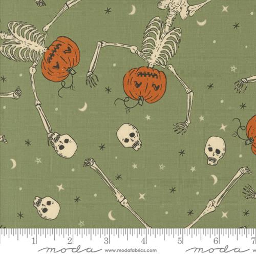 Moda - Home Sweet Haunt - Dancing Pumpkins Novelty Skeleton - Moss - 20913-15 - Sold by the Half Yard