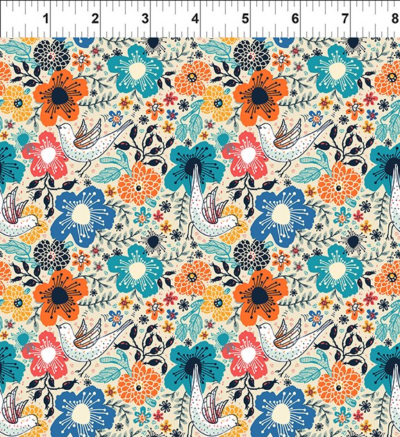 In the Beginning - Whimsy - Doves and Flower Blooms Beige - 2WMS-1 - Sold by the Half Yard