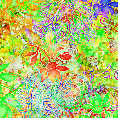 QT Fabrics: On Painted Wings Floral Texture Lime 2600-30058-G