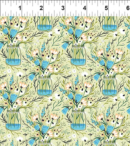 In the Beginning - Whimsy - Wild Flowers in Mason Jars Green - 3WMS-1 - Sold by the Half Yard
