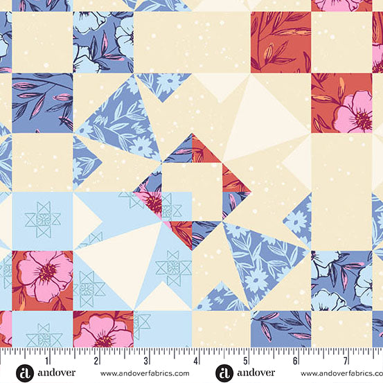 Andover Fabrics - Petals and Stitches - Denim Garden Blocks - A-1573-B - Sold by the Half Yard