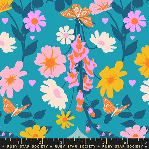 Ruby Star Society - Best Day Ever - Foxgloves Florals Butterflies Retro Summer Sky - RS0106 15 - Sold by the Half Yard