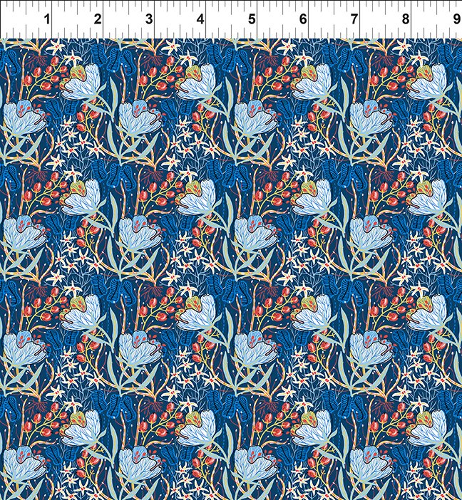 In the Beginning - Whimsy - Anemones and Berry Pods Blue - 8WMS-1 - Sold by the Half Yard