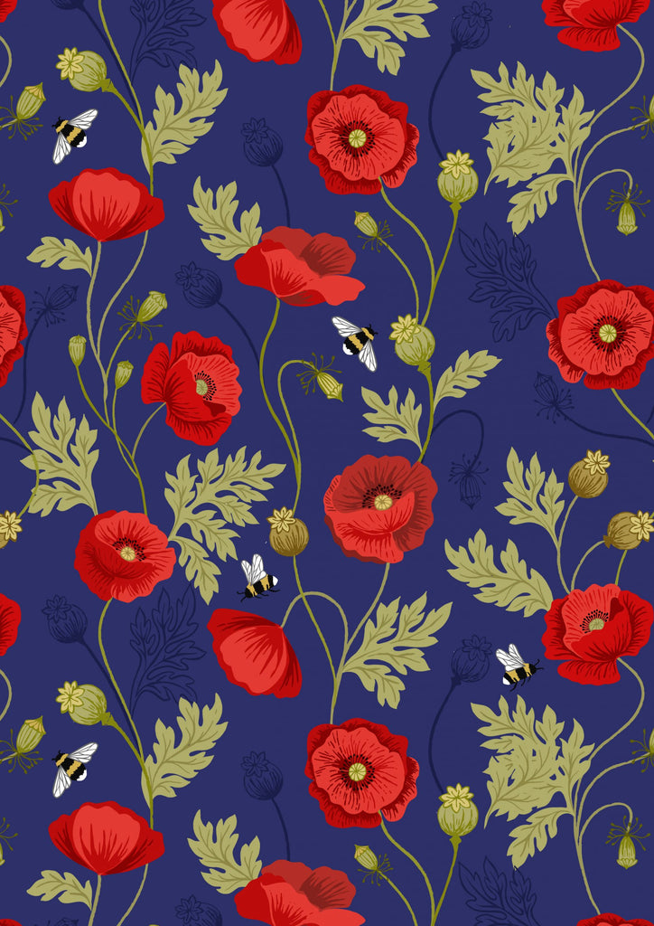 Lewis & Irene: Poppies - Poppy and Bee on Blue