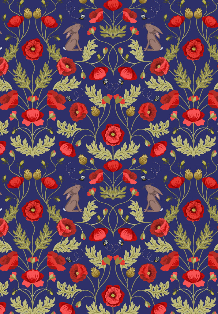 Lewis & Irene: Poppies - Poppy & Hare on Blue