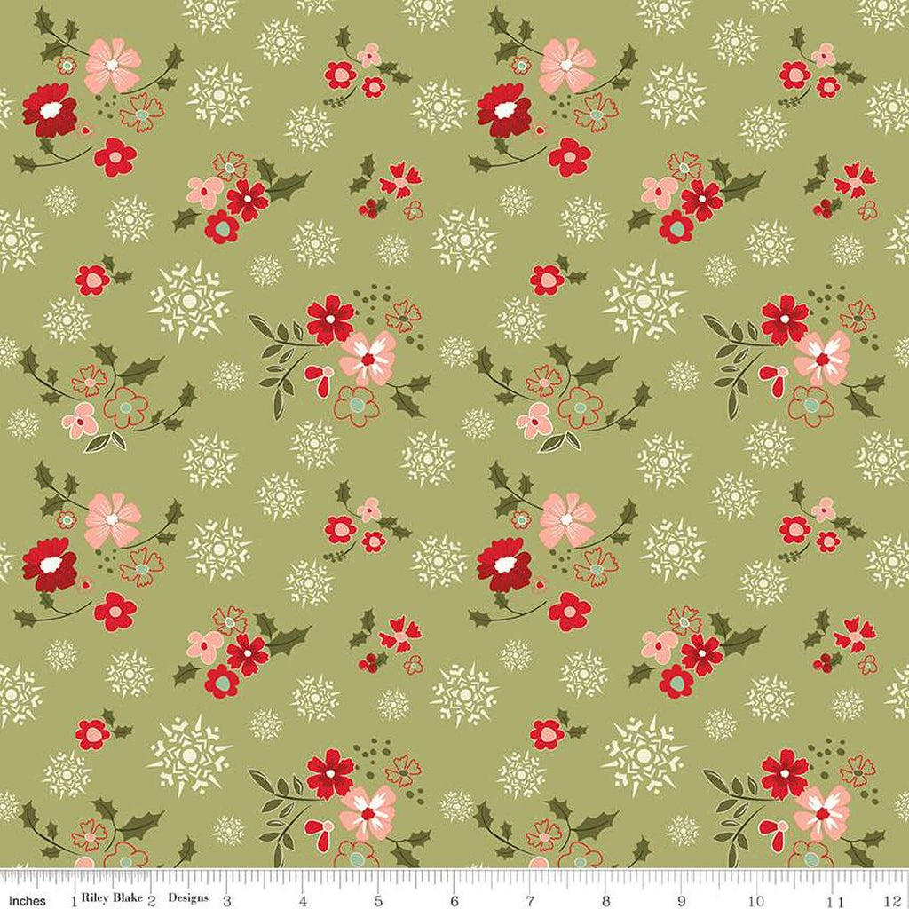 Riley Blake - Glisten -  Winter Flowers Olive - C16222-OLIVE - Sold by the Half Yard