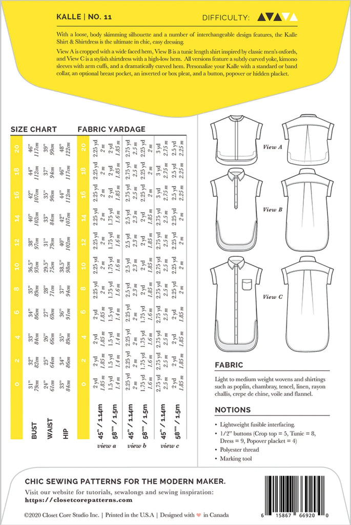 Closet Core - Kalle Shirt & Dress Pattern - CCP11 - Size 0-22