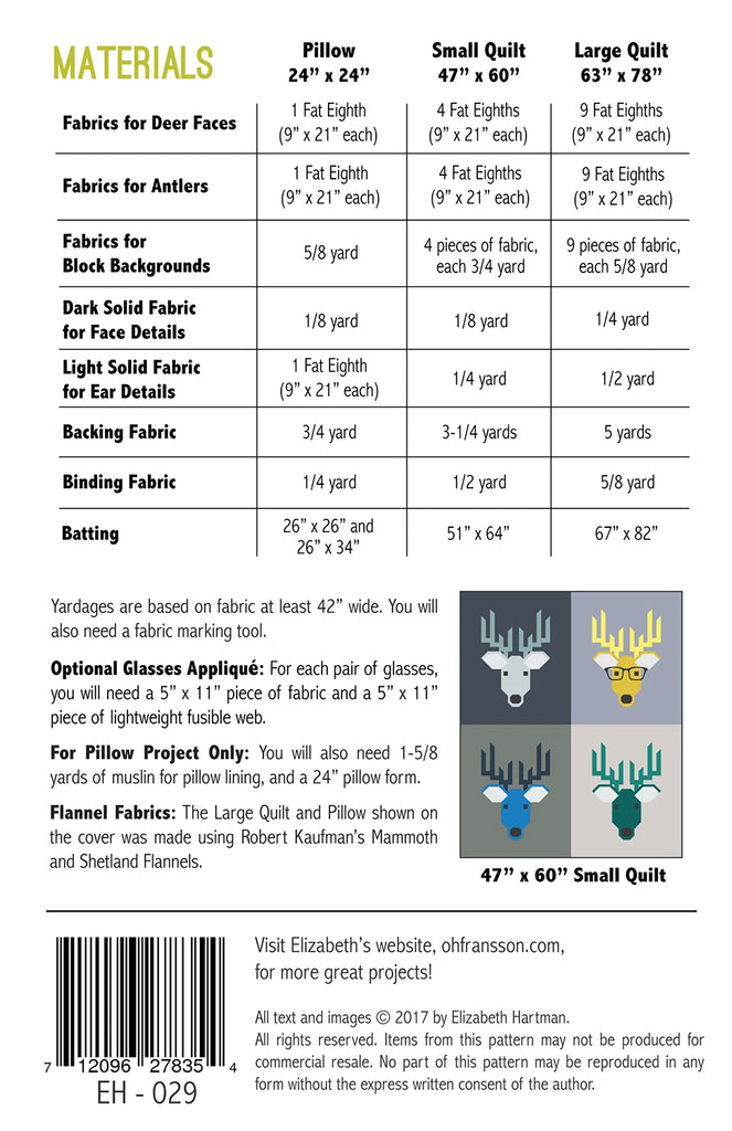 Dwight the Deer Quilt Pattern by Elizabeth Hartman - EH029