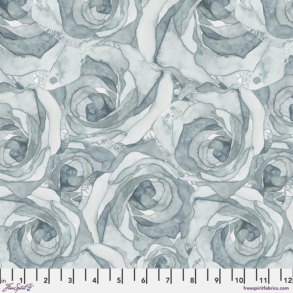 Organic Roses - Silver Blue|| Brushstrokes by Shell Rummel for FreeSpiri Fabrics (Sold by the Half Yard)