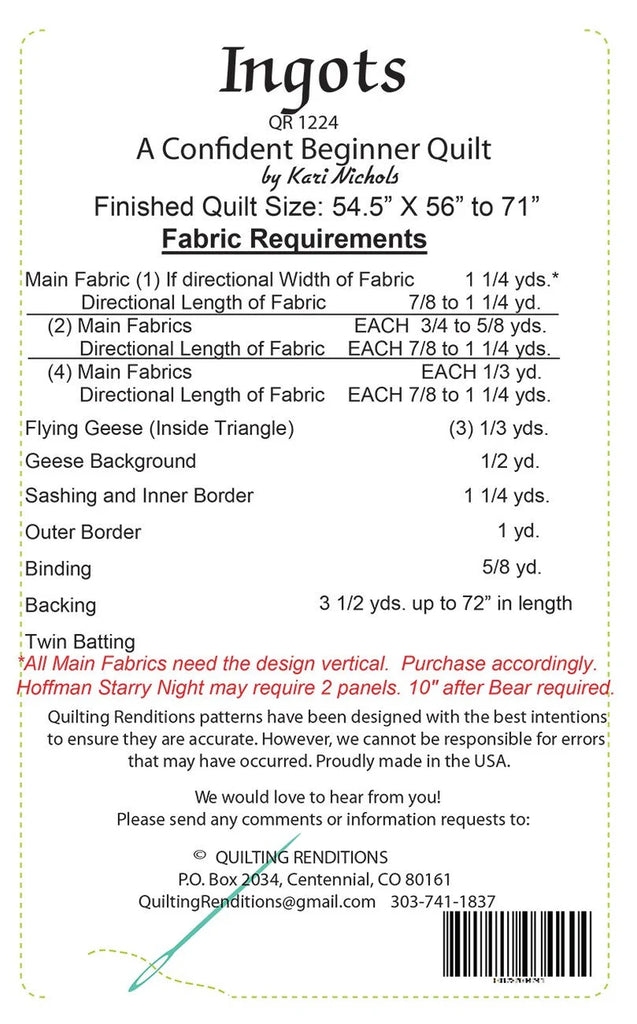 Quilting Renditions - Ingots Quilt Pattern by Kari Nichols - QR1224