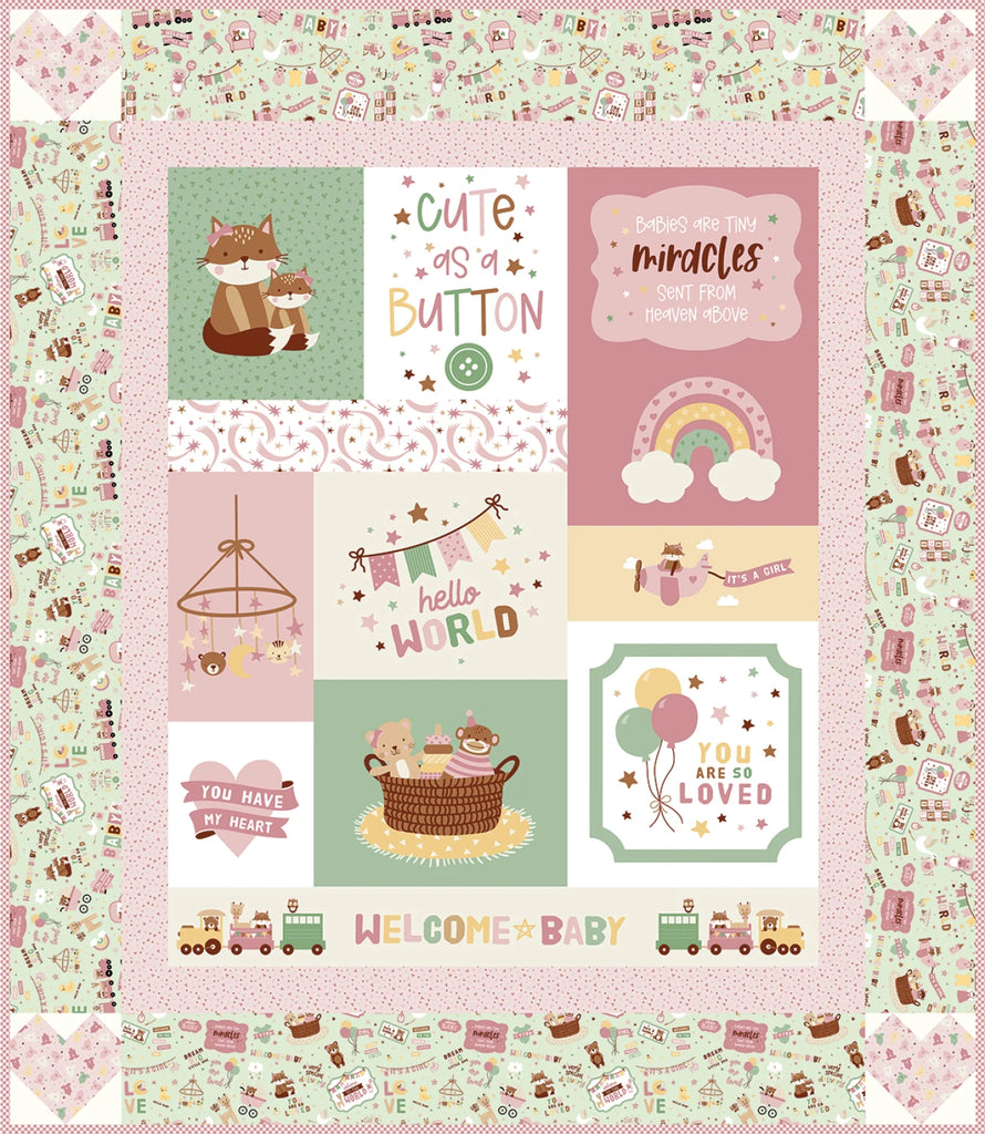 Riley Blake - Baby Girl Cute as a Button Panel Boxed Quilt Kit - KT-16770 - Pattern, Fabrics for quilt top and binding