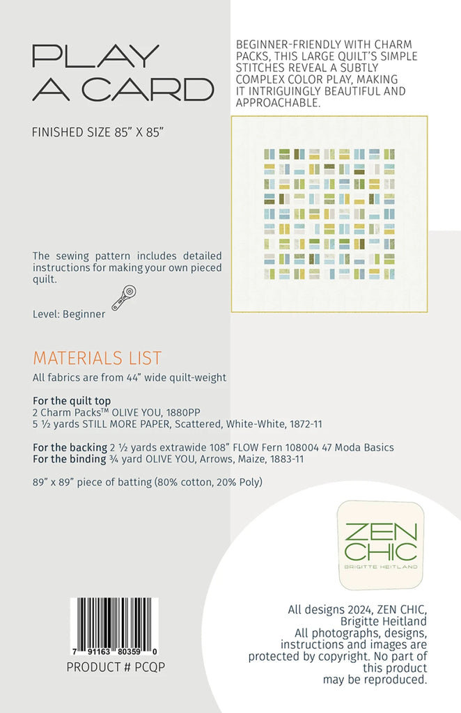 Play a Card Quilt Pattern by Brigette Heitland of Zen Chic - PCQP