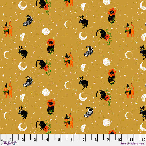 FreeSpirit - Witchy Ways - Meow at the Moon - Gold - PWCD145.XGOLD - Sold by the Half Yard