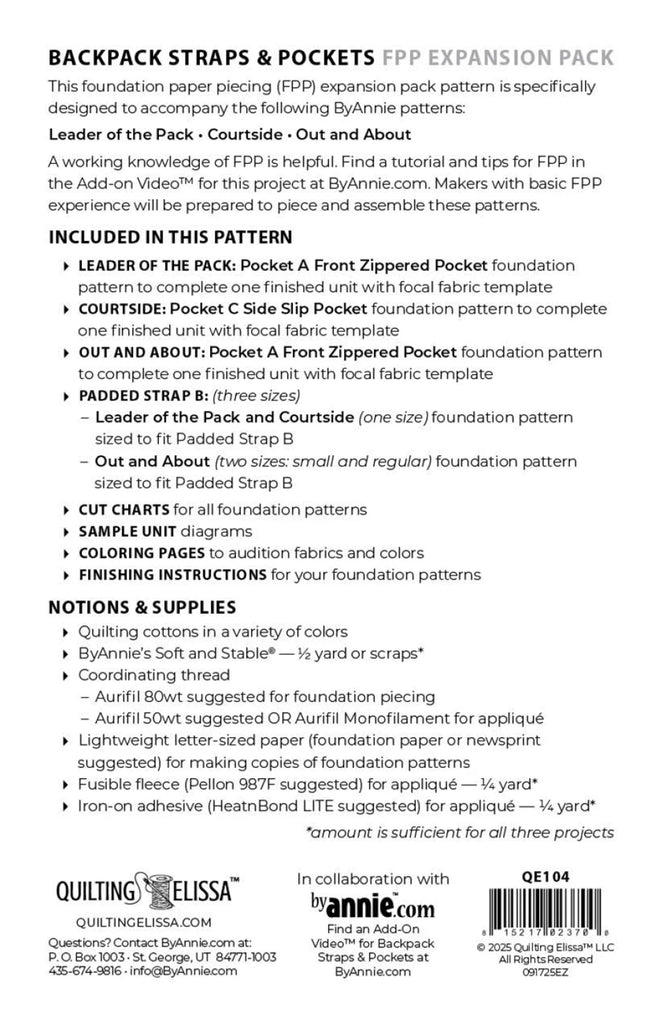 Backpack Straps and Pockets - FPP Expansion Pack - for ByAnnie patterns - QE104