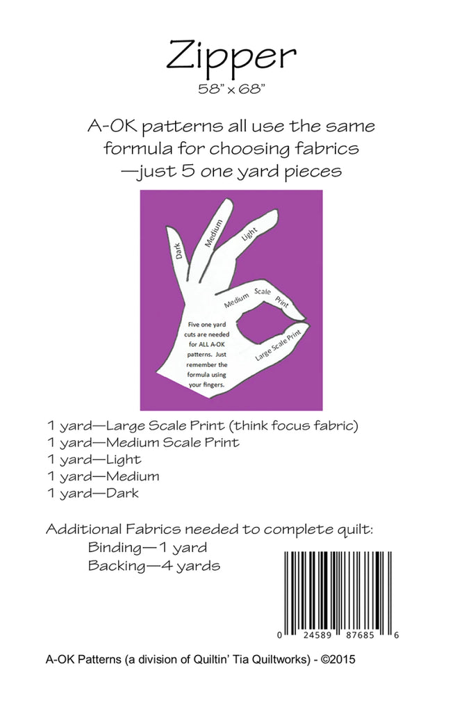 Zipper A OK 5 Yard Quilt Pattern of Quiltin' Tia Quiltworks - WAOK018