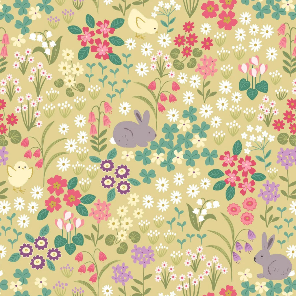 Lewis & Irene: Bunny Hop D# A530 C#1  Bunny & Chick Floral on Spring Yellow