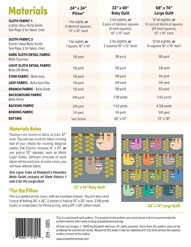 Snuggly Sloths Quilt Pattern by Elizabeth Hartman - EH085