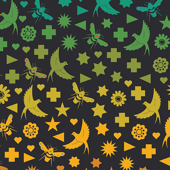 Alison Glass Art Theory - Seventy Six Bird & Bee A-9699-C - Color Night by Andover Fabrics