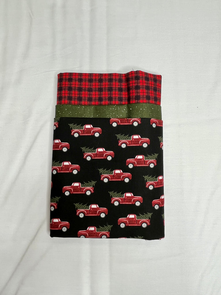 Red Trucks on Black & Plaid Pillowcase Kit