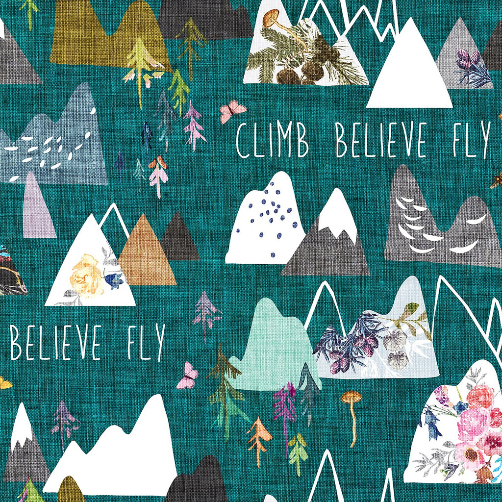 Clothworks Forest Glade - Teal Mountains Digitally Printed